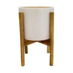 Ivyline Anzio Stone White Pot Cover With Wooden Stand