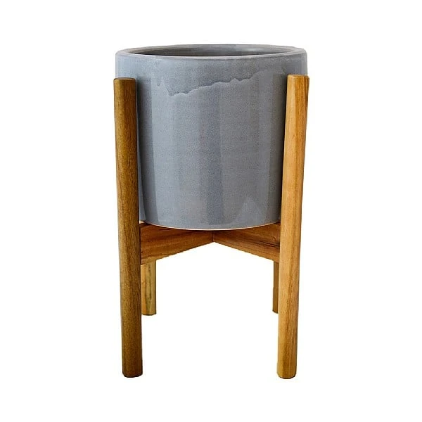 Ivyline Anzio Warm Grey Pot Cover With Wooden Stand 3 Ivyline Anzio Warm Grey Pot Cover With Wooden Stand