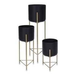 KOOPMAN Black & Gold Plant Pot Cover Stand (Various Sizes)